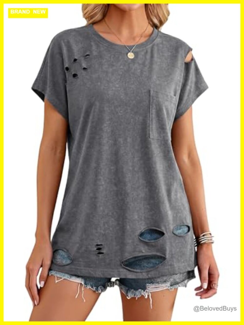 Women's Distressed Cotton T-Shirt Washed Ripped Vintage Tee Loose Fit